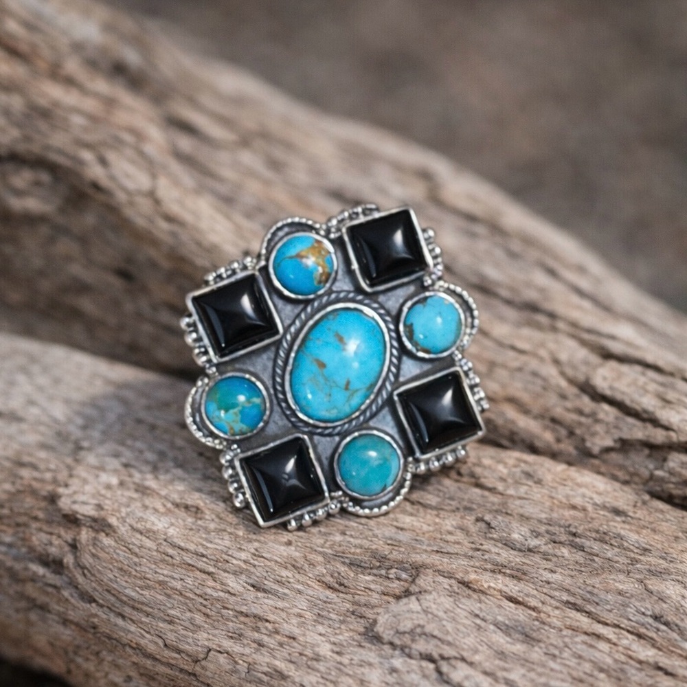 Heavy Sterling Silver Turquoise & Black Onyx Statement Ring – Adjustable Size